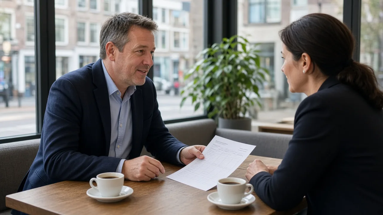 Intakegesprek voor inschrijving op een projectmanagementcursus aan een tafel in Utrecht