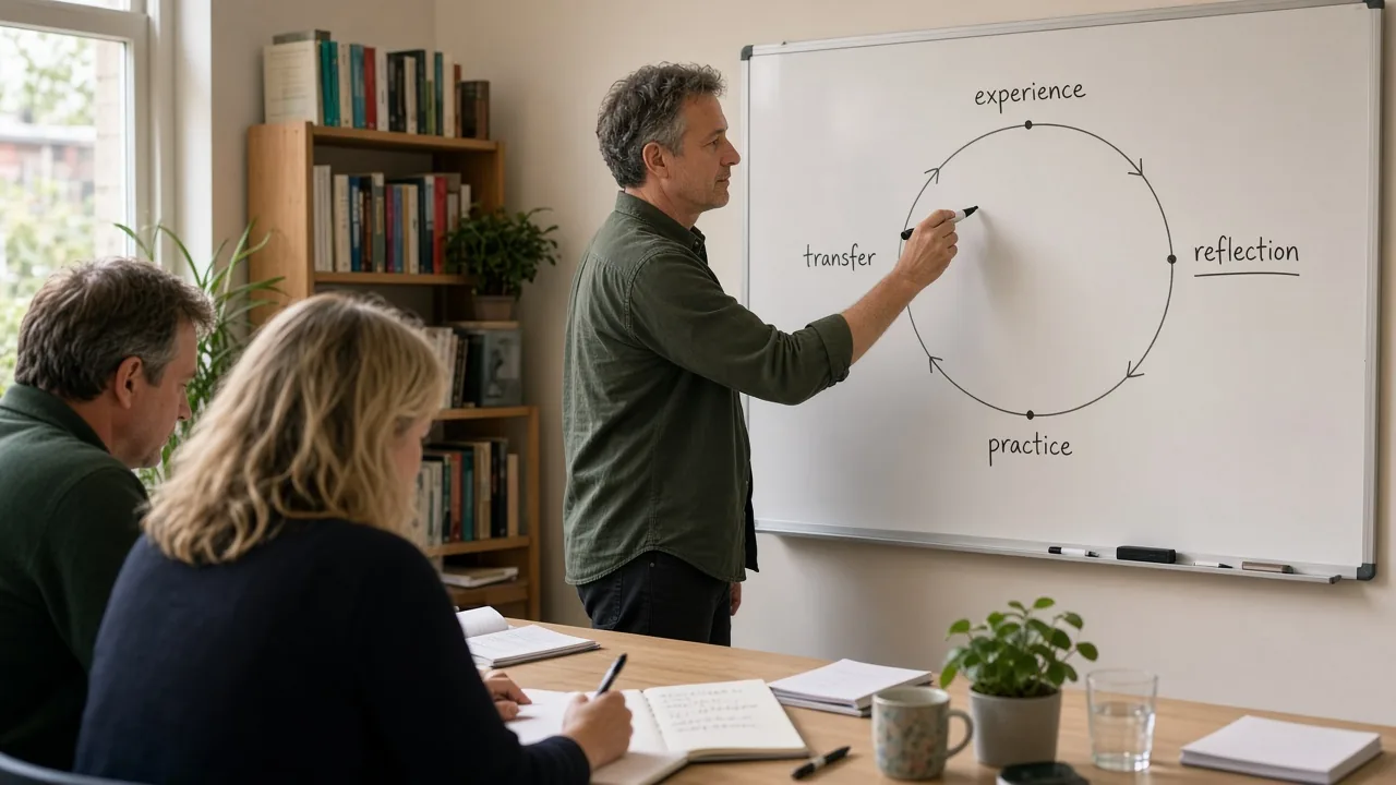 Docent schetst de leercyclus ervaring reflectie praktijk transfer op een whiteboard in Utrecht