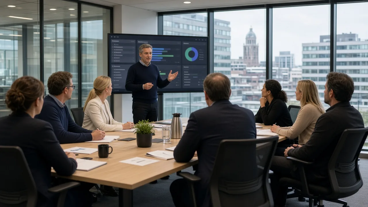 Incompany projectmanagementtraining in een glazen vergaderzaal bij de Jaarbeurs in Utrecht