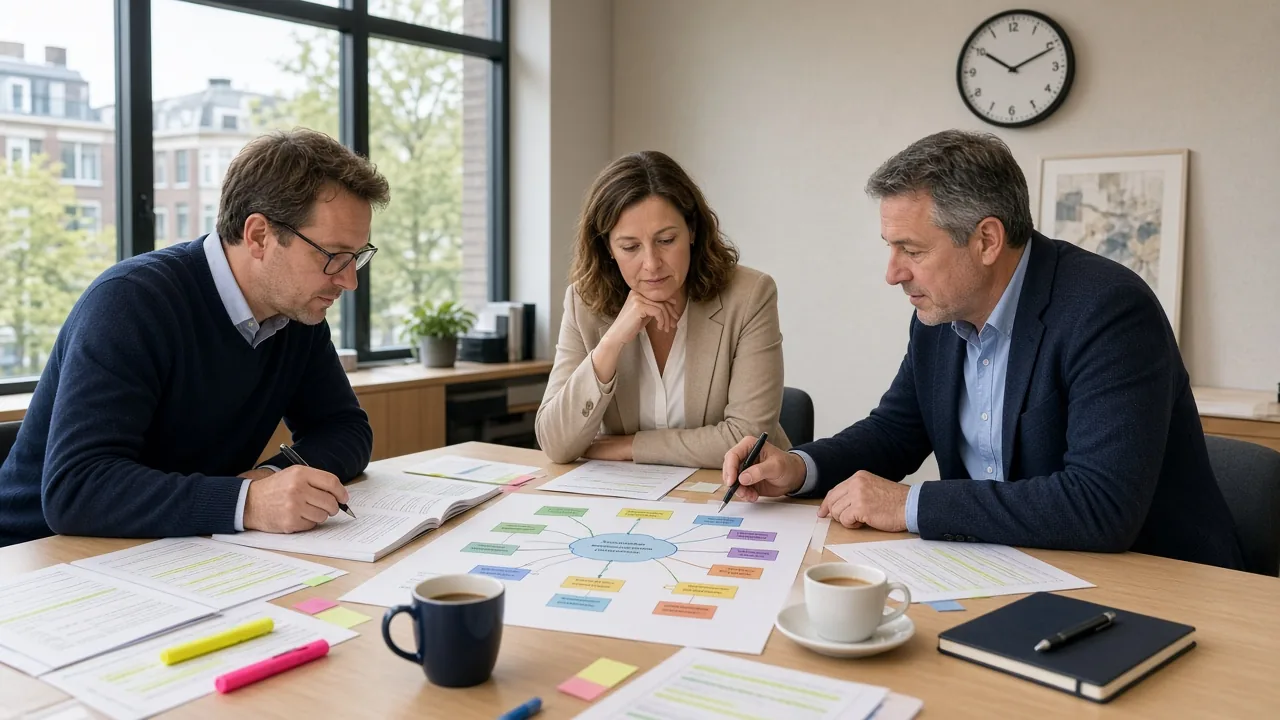 Cursisten en docent oefenen PMP examenvragen en kennisgebieden aan een tafel in Utrecht
