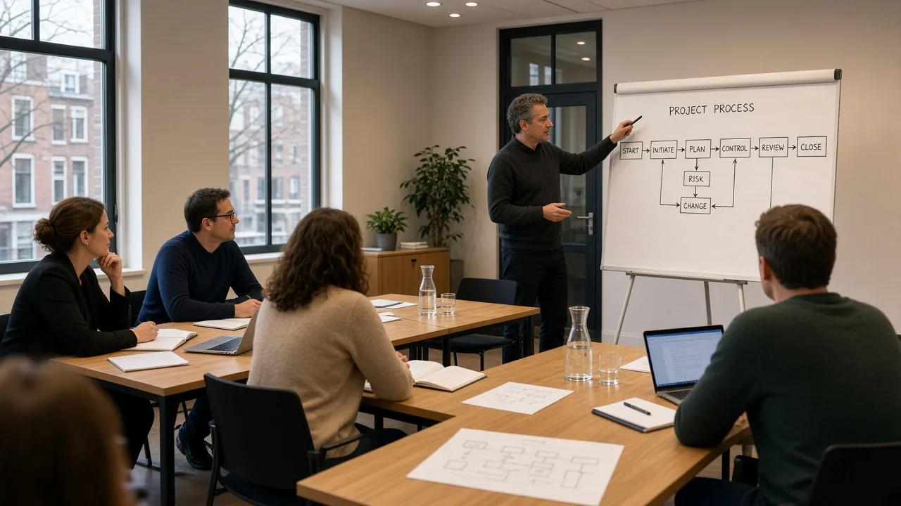 Deelnemers bereiden PRINCE2 certificering voor met procesdiagrammen in een rustig Utrechts klaslokaal